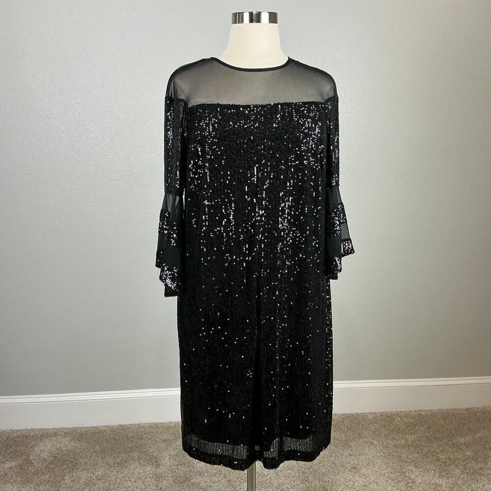 R&M Richards Black Cocktail Dress Sequined Long Sleeve Midi Shift Size 16W - Picture 2 of 13